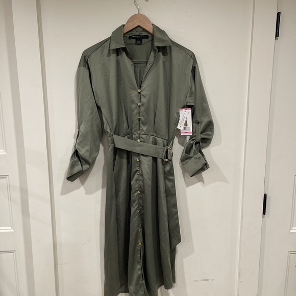 NWT French Connection Olive Green Shirt Dress Medium M Midi Belted Satin Career - Picture 3 of 11